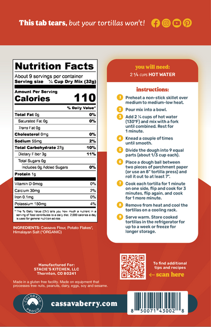Cassavaberry Gluten-Free Grain-Free Original Tortilla Mix back of package. 