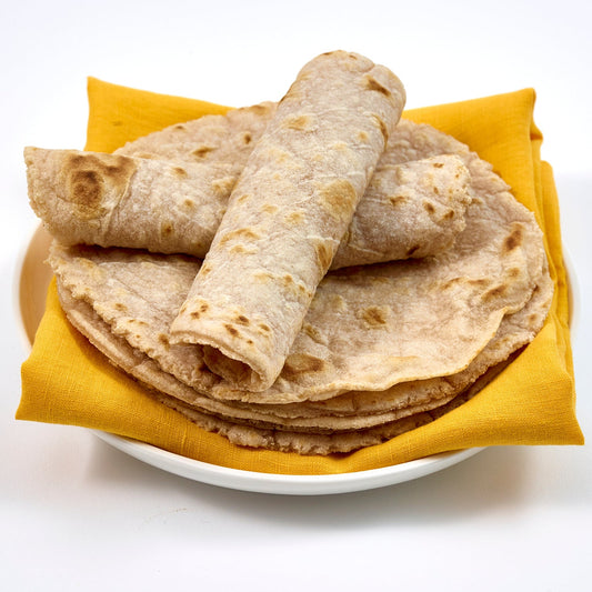 Folded tortillas on a white plate with a yellow cloth