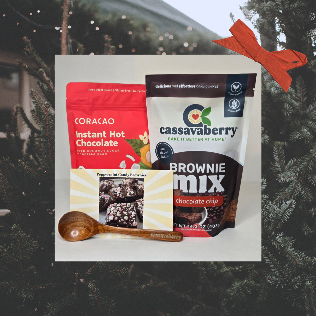 Cassavaberry Movie Night Gift containing one Chocolate Chip Brownie Mix, one Coracao hot chocolate mix, one Cassavaberry branded mini spoon and one recipe card to make Peppermint Candy Brownies