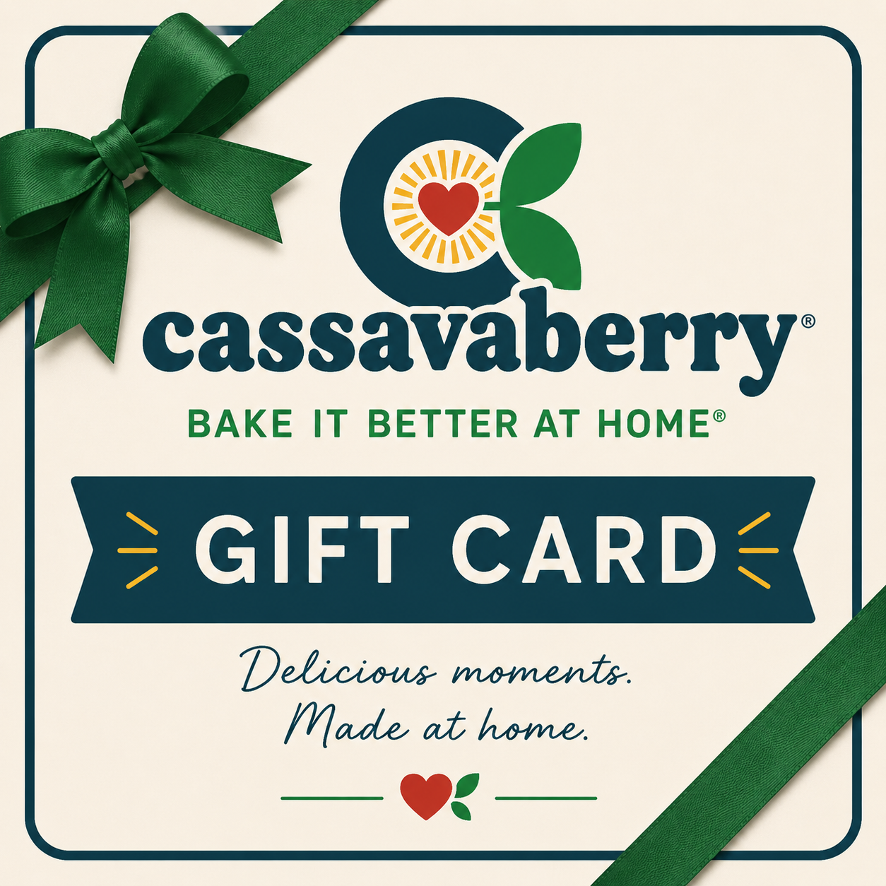 Cassavaberry gift card design with a cream background, dark blue border, green ribbon bow and diagonal ribbon, and the brand logo and text 'Gift Card'.