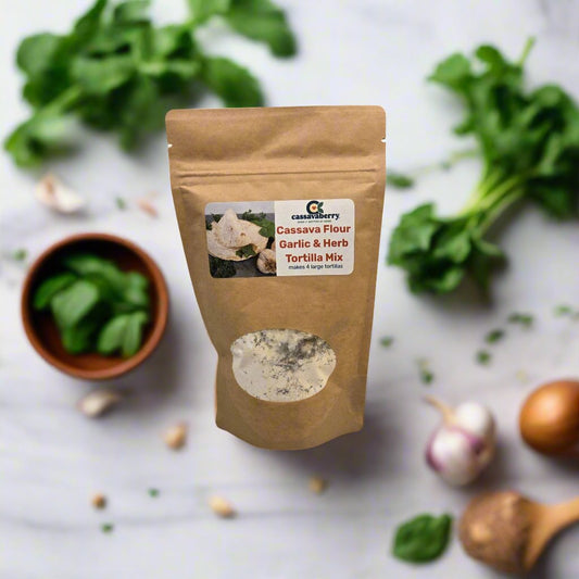 Gluten free, grain free and vegan Garlic & Herb Tortilla Mix package.