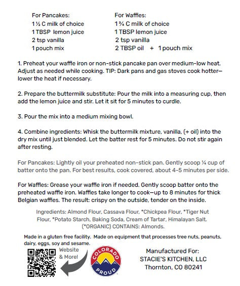 Cassavaberry Gluten Free, Grain Free, Plant Based Pancake/Waffle Mix back of package. 